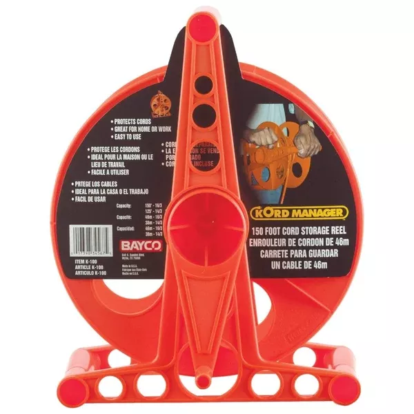 Bayco K-100 Cord Storage Reel with Stand, Holds Up To 150' Cord, Orang
